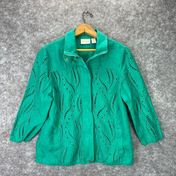 Chico's Jackets & Blazers - Chicos Jacket Womens 1 Small Green Eyelet Cutout Embroidered Zip Front